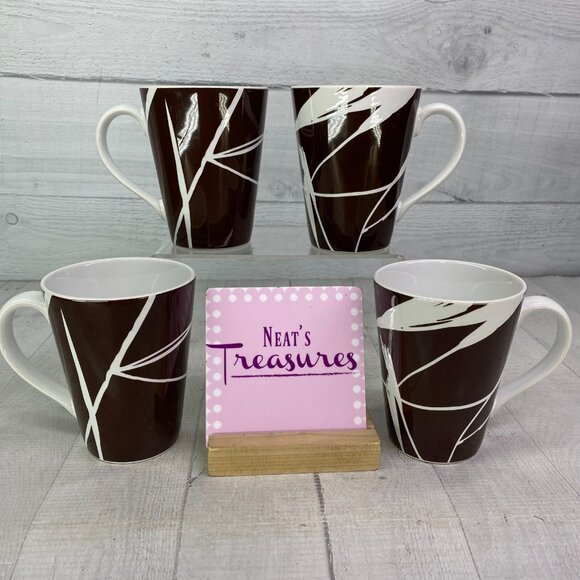 Home Target DUSK Brown Chocolate Geometric Leaves Stoneware 14oz Cups Mugs Set 4 - Picture 1 of 16